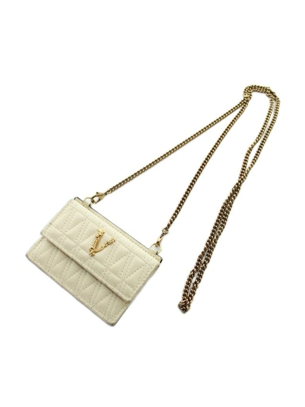 Versace Virtus Chain Card Case Leather Logo Quilted Ivory